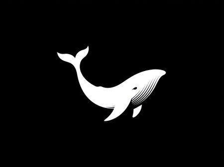 A minimalist graphic presents a whale silhouette in white against a stark black backdrop. The image features smooth curves, implied textures, and a clean, modern aesthetic. This design is likely intended for use in commercial applications, suitable for logos, branding, or editorial content that needs a simple and elegant touch.の素材