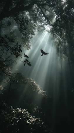 An evocative image showcasing a bird in flight amidst a sun-dappled forest. Dramatic light beams pierce through the trees, illuminating the scene with a sense of wonder. The composition utilizes a vertical format and a high contrast between light and shadow. Suitable for various editorial and commercial applications.の素材