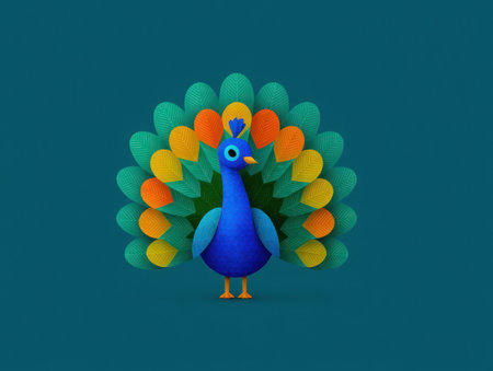 This colorful illustration presents a stylized peacock with a fully extended tail. The artwork features a smooth, gradient shading technique, giving it a modern feel. The color palette includes vivid blues, greens, oranges, and yellows. This design is suitable for various applications, including print and digital media.の素材