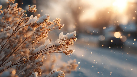 Close-up of snow-covered plants in focus with a blurred, bokeh background. The image displays a winter scene, likely during daytime, with soft, warm sunlight illuminating the frosted plants. Ideal for seasonal themes, holiday promotions, or environmental illustrations, it provides copy space.の素材