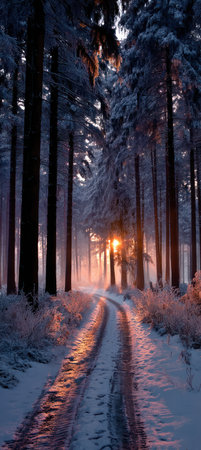 A forest path winds through snow-covered trees, illuminated by a warm glow of sunlight. The scene features a high-angle shot, with a narrow composition. The texture of the snow and trees is visible, enhancing the winter ambiance. This image could be used for various commercial or editorial applications related to nature or seasonal themes.の素材