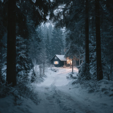 A cabin is nestled within a snow-covered forest, bathed in soft, warm light from its windows. Towering evergreen trees frame the scene creating a natural vignette. The cold, muted color palette of the image suggests a winter setting. This could be used for various editorial or commercial projects.の素材