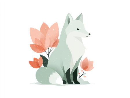 A charming illustration presents a stylized fox accompanied by gentle floral elements. The artwork showcases soft pastel colors and a clean aesthetic. This image, rendered against a white backdrop, could be ideal for various commercial applications like design projects, or editorial content.の素材