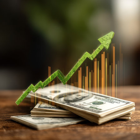 The image features a stack of American dollar bills with a green, upward-pointing arrow overlay. The composition suggests financial progress and investment success. The background shows a graph. The lighting appears natural. This image is suitable for illustrating concepts of finance, economics, and business in various publications.の素材