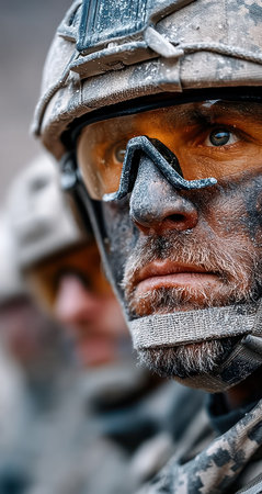 A close-up captures a soldier in camouflage, wearing a helmet and goggles. The image displays a determined expression, with focus on the eyes and face. The scene has a shallow depth of field, set outdoors. The image may be used for editorial and commercial purposes.の素材