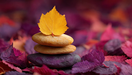 A close-up captures a stack of smooth stones, topped with a bright yellow leaf. Surrounding the arrangement are vibrant, out-of-focus red and purple leaves, creating a soft, textured background. The image has a shallow depth of field, with warm lighting, suitable for various design projects.の素材