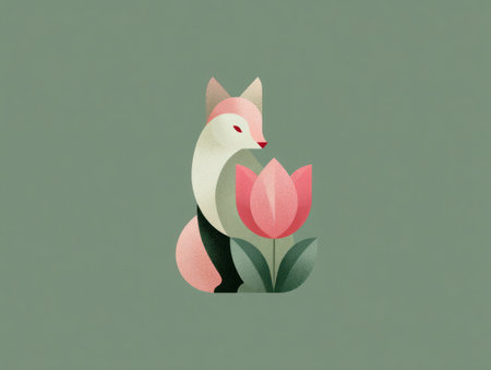 A whimsical illustration presents a stylized fox intertwined with a blooming tulip. Soft pastel colors and smooth gradients create a gentle aesthetic. The composition is simple, with the subjects centered against a muted green background. Suitable for various applications, including design projects and decorative purposes.の素材