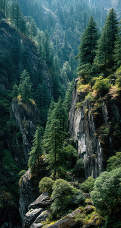 This image depicts a lush forest scene with a focus on tall trees and rocky cliffs. The composition is marked by a deep contrast between the dark, shadowed areas and the bright, sunlit vegetation. The image has a painterly style and presents a natural environment, potentially suitable for editorial and commercial applications.の素材