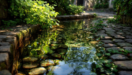 A stream flows gently through a cobbled path, surrounded by vibrant green plants and foliage. The scene is illuminated by sunlight, creating reflections in the water. The composition showcases a natural setting. This image could be used for various projects, including editorial or commercial purposes.の素材