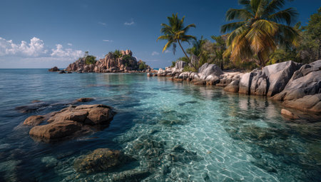 A picturesque tropical scene displays crystal clear water, revealing the rocky seabed. Palm trees and other vegetation border the shore, accented by large granite boulders. The composition and lighting suggest a sunny day, perfect for travel, tourism or nature-related projects, offering various uses.の素材