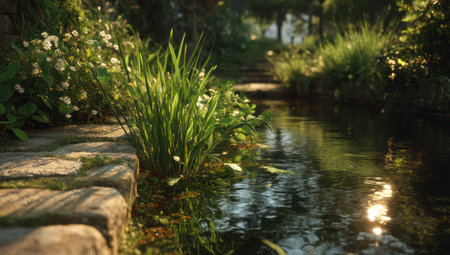 This image showcases a stream winding through a natural environment. The composition features vibrant green plants, including grasses and flowers, alongside stone pathways. The water reflects the sunlight creating a shimmering effect. This scene is suitable for various commercial uses, such as illustrating nature, tranquility, or environmental themes.の素材