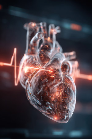 An anatomical representation features a transparent human heart. The heart is illuminated with warm internal light, with a digital red pulse line overlaid across the scene. The image displays a shallow depth of field, with soft focus on the edges, and is set against a dark background, suitable for diverse commercial uses.の素材