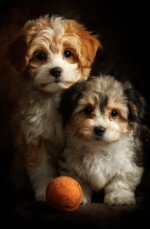Two small puppies are presented against a dark background. One has orange and white fur, the other grey and white. Their fur is textured, with details visible. A small orange ball rests in front of the puppies. The lighting is soft, creating shadows. This image is suitable for various commercial uses.の素材