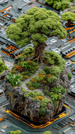 A lush tree thrives on an island-like structure, set against a backdrop resembling a circuit board. The image displays vivid green foliage and earthy textures, illuminated with subtle lighting. This conceptual artwork may be suitable for illustrating themes such as technology, environment or sustainability, for a variety of editorial or commercial purposes.の素材
