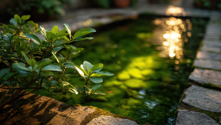 A close-up view presents a water feature with green aquatic plants. The scene features lush foliage and a soft, blurred reflection of light on the water's surface. The photograph displays a stone border suggesting an outdoor garden setting. Suitable for various editorial or commercial applications.の素材
