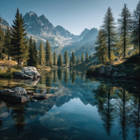 The image showcases a serene lake reflecting towering mountains and surrounding evergreen trees under a bright, cloudless sky. The composition emphasizes natural beauty with a focus on symmetry. This picturesque scene could be utilized for various commercial and editorial purposes, highlighting the beauty of nature.の素材