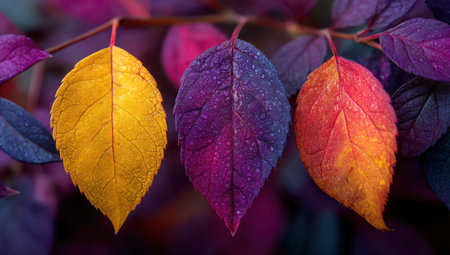 Three colorful leaves of different hues are displayed against a background of foliage. The leaves demonstrate a spectrum of colors, including yellow, purple, and orange. The image presents a close-up view, emphasizing textures. This image can be used for commercial projects, presentations, and educational resources.の素材