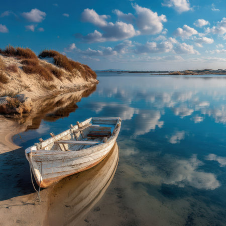 A wooden boat rests near the shore of a calm lake. The scene showcases a reflective surface mirroring the sky and fluffy white clouds. The landscape features sandy areas and distant greenery under a vibrant blue sky. This image may be suitable for various commercial uses such as travel or nature themed projects.の素材