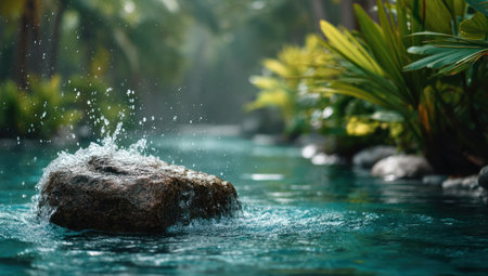 A close-up view presents a rock in the middle of a stream, showcasing water splashes. The image highlights the natural environment, with a variety of green plants providing the backdrop. This digitally created illustration may be suitable for a range of commercial applications, encompassing editorial and design projects.の素材