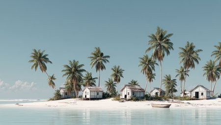 A tranquil scene features small huts nestled amongst palm trees on a sandy island. The image displays a clear blue sky, with turquoise water in the foreground. Natural sunlight illuminates the landscape, suggesting an outdoor environment. This visual is suitable for various commercial applications, including travel and leisure content.の素材