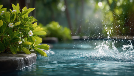 A close-up view presents a water feature, showcasing splashing water droplets and vibrant green foliage. The scene is illuminated by sunlight, creating highlights and shadows. The composition suggests an outdoor environment, possibly a garden or natural setting, suitable for visual content and editorial use.の素材