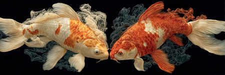 Two koi fish are presented against a dark backdrop. The fish, showcasing vibrant orange and white patterns, appear to be floating. The composition highlights the beauty of the aquatic creatures, suitable for various visual projects and potential editorial or commercial applications, emphasizing themes of nature and wildlife.の素材