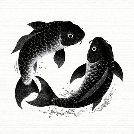 Two black koi fish are depicted in a stylized illustration against a white background. The image presents a circular composition, with the fish seemingly swimming around each other. The style is detailed, showing scales and fins. This artwork may be suitable for decorative prints, design elements, or commercial applications.の素材