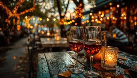 Two glasses of red wine sit on a weathered wooden table. The image features soft focus in the background with bokeh lights. Warm colors and inviting atmosphere suggest an evening social gathering. Suitable for editorial illustrations, lifestyle imagery, and promotional content.の素材
