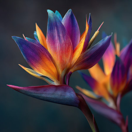 This image presents a Bird of Paradise flower, showcasing a rich palette of colors. The composition highlights the flower's intricate details with vibrant hues of orange, purple, and blue. The textures create a visually appealing design. Suitable for various design projects and editorial content.の素材