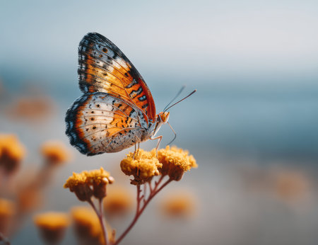 A detailed image captures a colorful butterfly on a yellow flower with a blurred background. The butterfly exhibits orange and black patterns. The soft lighting suggests a daytime outdoor environment. Suitable for various editorial and commercial applications. The composition emphasizes natural beauty.の素材