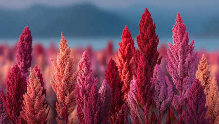 Close-up of numerous plants with a striking palette of reds, pinks, and oranges, creates a visually appealing display. The image displays a soft-focus background of mountains and water. This composition with its vibrant colors is suited for various commercial and editorial applications, offering versatility in design.の素材