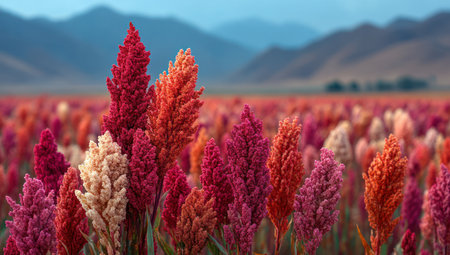 A field of colorful plants dominates the landscape, featuring various shades of red, orange, and cream. The close-up perspective showcases the textured plants, with a blurred background of mountains and a blue sky. This image is suitable for various commercial uses, including advertising and editorial content.の素材