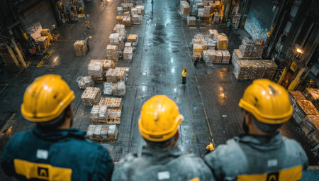 Workers wearing yellow safety helmets observe warehouse activities from an elevated vantage point. The scene displays stacks of packaged goods, suggesting logistics and distribution. The composition features a symmetrical layout with artificial lighting and a high-angle perspective. Suitable for illustrating commerce, industry, and supply chain topics.の素材