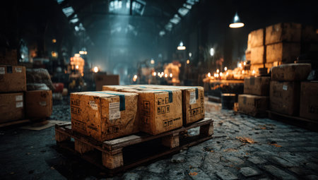 The image captures a warehouse environment with cardboard boxes stacked on a wooden pallet. The scene features a dim, industrial aesthetic with muted colors and soft lighting. The composition highlights the boxes, which could suggest shipping or storage. Potential uses include illustrations of logistics, supply chain, and commerce.の素材