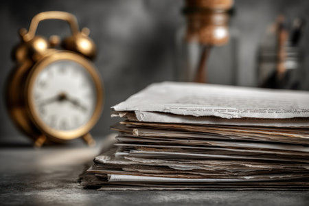 A close-up showcases a stack of aged paper next to a golden alarm clock. The image displays a soft focus with a shallow depth of field, highlighting the textures of the paper and the clock's details. The lighting suggests an indoor setting, and the image could serve commercial purposes.の素材