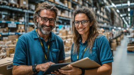 Two warehouse workers are seen smiling while reviewing documents and a digital tablet. The scene showcases an indoor environment with storage shelves filled with boxes. The image highlights a collaboration scene with natural lighting, implying potential use in commercial or editorial projects related to logistics, distribution, or inventory management.の素材