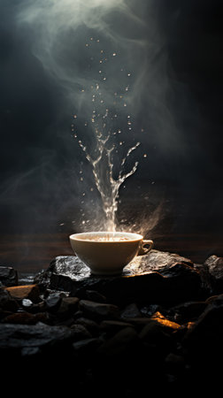 A close-up captures water cascading into a white bowl, highlighted by dramatic lighting. The image exhibits a dark background, showcasing textures and elements like steam. The composition emphasizes a concept with potential uses in various commercial and editorial applications. The lighting contributes to an ethereal quality within a somewhat abstract setting.の素材