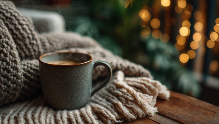 A close-up captures a ceramic mug filled with coffee, resting on a soft, knitted blanket. The scene is illuminated by warm, ambient lighting, suggesting an indoor setting. The composition emphasizes textures and tones, offering a sense of warmth and comfort. Suitable for various applications related to lifestyle and relaxation themes.の素材