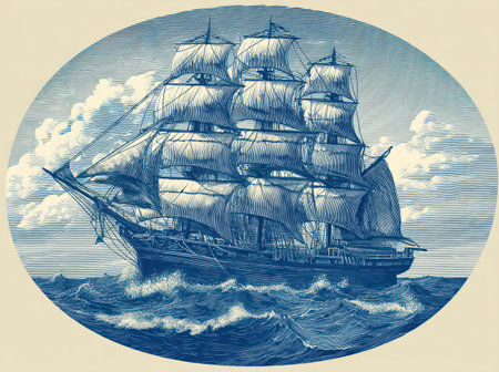 An illustration features a classic sailing ship navigating through waves under a cloudy sky, presented within an oval frame. The image uses a blue monochromatic palette, with attention to texture. This artwork could be suited for historical themes, maritime projects, or graphic design. Suitable for various editorial and commercial applications.の素材