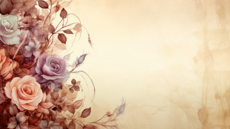 An elegant watercolor floral arrangement showcases roses in various shades against a neutral backdrop. The composition features soft textures, delicate leaves, and artistic details. Ideal for invitations, greeting cards, or decorative elements, this image provides a visually appealing design. It is suitable for diverse creative and editorial applications.の素材
