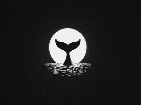 A silhouette of a whale's tail is set against a full moon, reflected in the water below. The minimalist composition features black and white tones with a graphic style. The scene suggests a night environment, and is suitable for various commercial purposes such as advertising or editorial content.の素材