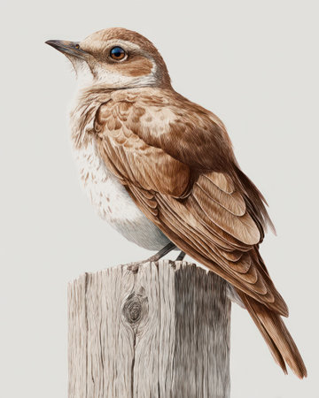 A detailed watercolor illustration depicts a brown bird, possibly a lark or similar species, perched atop a weathered wooden post. The bird's plumage showcases shades of brown and white, captured with a soft, artistic style. The background is a clean, neutral tone, creating a simple composition suitable for various editorial and commercial applications.の素材