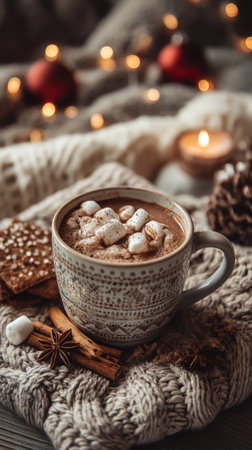 A close-up captures a mug of hot chocolate adorned with marshmallows, set atop a textured knitted blanket. The scene is complemented by decorative elements like cookies, star anise, and cinnamon sticks. Warm tones and soft lighting evoke a sense of comfort and relaxation suitable for commercial or editorial applications.の素材