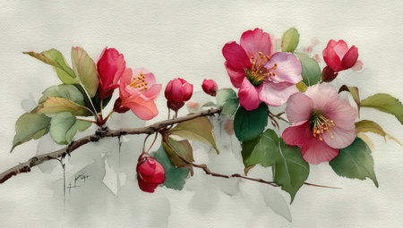 This watercolor painting showcases a branch adorned with vibrant pink and red flowers, buds, and green leaves. The artwork features soft textures, delicate brushstrokes, and a subtle color palette set against a plain background. The composition suggests an outdoor environment, ideal for various design and decorative projects.の素材