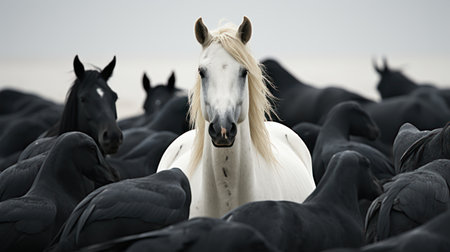 A striking visual features a white horse positioned amongst a group of black horses. The composition highlights contrasting colors and textures, creating a dramatic effect. Soft daylight illuminates the subjects in a natural setting. This image is suitable for various commercial uses, including advertising and editorial projects.の素材