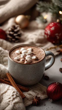 A close-up captures a cup of hot cocoa topped with marshmallows. The scene is decorated with Christmas ornaments, pinecones and cinnamon sticks. The image exhibits a soft, warm lighting and a cozy atmosphere created by the knitted textures. Suitable for holiday-themed publications and promotional materials.の素材