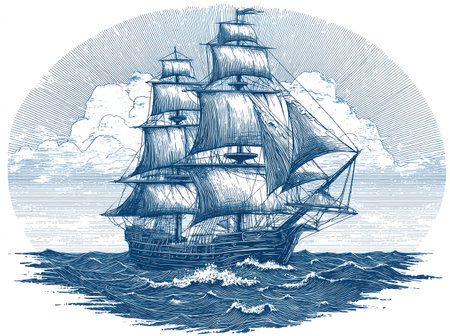 An illustration depicts a vintage sailing ship traversing the ocean, captured in a detailed style. The image showcases the ship against a backdrop of clouds, with blue hues dominating the scene. It could be suitable for historical, nautical, or travel-related content, as well as educational materials.の素材