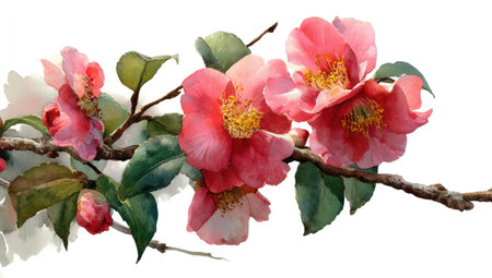 This watercolor illustration features a camellia branch laden with vibrant pink blossoms and lush green leaves. The artwork showcases soft textures, delicate brushstrokes, and a clean white backdrop, creating a sense of freshness. Ideal for various creative projects, this image lends itself to editorial and commercial applications.の素材