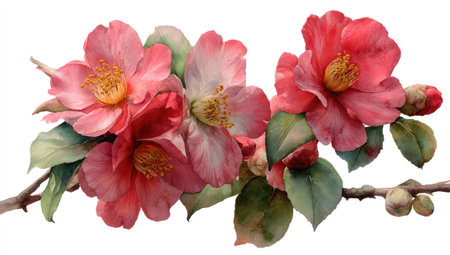 This watercolor illustration showcases vibrant pink camellia flowers in full bloom, accompanied by green foliage. The artwork exhibits a delicate style, with soft textures and a focus on natural light. Suitable for various applications, it can be utilized in designs needing floral elements and artistic compositions.の素材