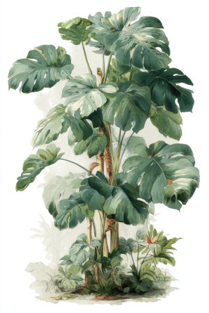 A detailed watercolor illustration showcases a monstera plant with large, vibrant green leaves and a central stem. The artwork presents a naturalistic style with soft textures and varying shades of green, suggesting a tropical environment. This image could be used for various purposes, including editorial content and design projects.の素材